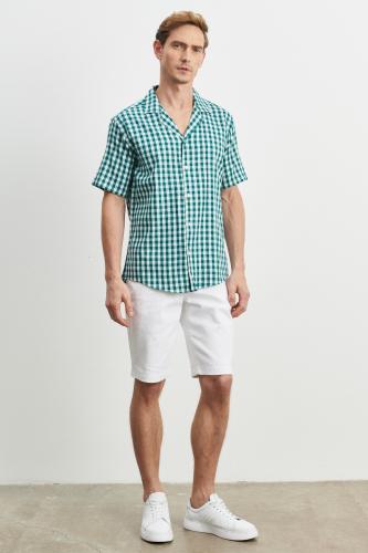 AC&Co / Altınyıldız Classics Men's White-green Comfort Fit Relaxed Cut Mono Collar Checkered Short Sleeve Casual Shirt