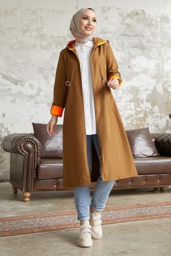 InStyle Hooded Neon Trench with Pleated Waist - Tan  Orange