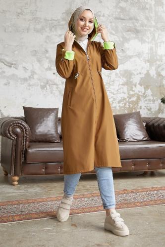 InStyle Hooded Neon Trench with Pleated Waist - Tan  Green