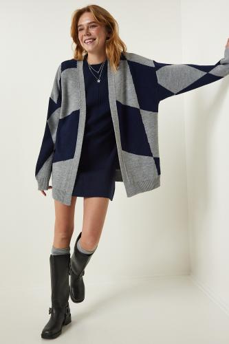 Happiness İstanbul Gray Navy Blue Patterned Thick Cardigan Jacket