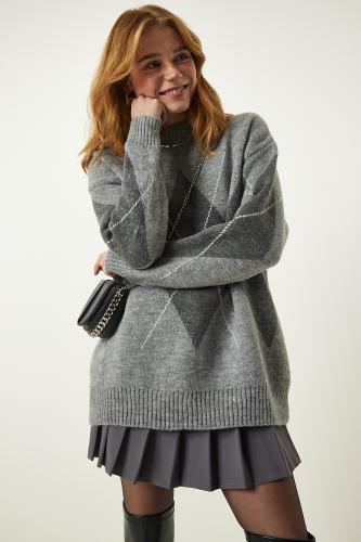 Happiness İstanbul Medium Gray Premium Diamond Pattern Oversize Knitwear Sweater