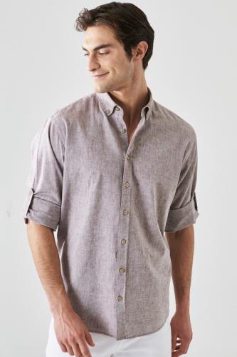 AC&Co / Altınyıldız Classics Men's Brown Comfort Fit Relaxed Cut Buttoned Collar Casual Linen Shirt