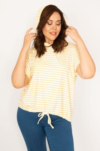 Şans Women's Plus Size Yellow Hooded Striped Sweatshirt