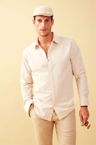 DEFACTO Modern Fit Polo Neck Linen Blended Long Sleeve Shirt