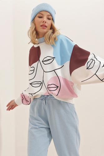 Trend Alaçatı Stili Women's Brown Crew Neck Digital Printed Sweatshirt