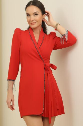 By Saygı Dress with Padded Shoulders, Half Lined Inside, One Side Pleated Sleeves and Chain Detail