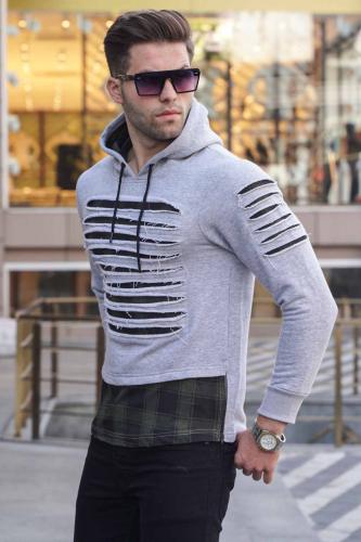 Madmext Gray Ripped Detailed Hooded Sweatshirt 2656
