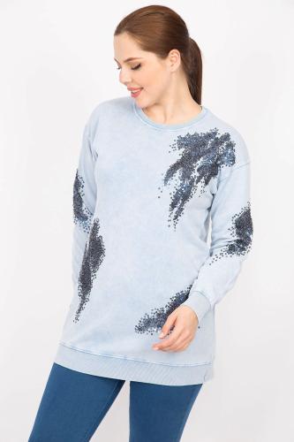 Şans Women's Blue Plus Size Sequin Detail Sweatshirt