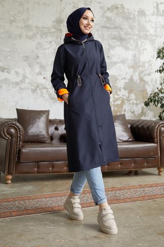 InStyle Hooded Neon Trench with Pleated Waist - Navy Blue  Orange