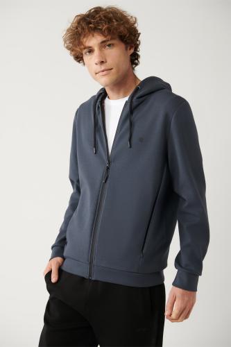 Avva Men's Anthracite Unisex Sweatshirt Hooded Flexible Soft Texture Interlock Fabric Zippered Standard Fit