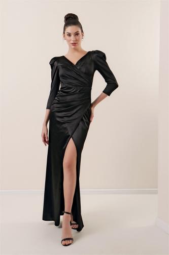By Saygı Double-breasted Collar Pleats Lined Long Satin Dress Black