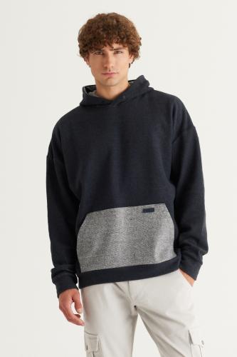 AC&Co / Altınyıldız Classics Men's Indigo Melange Oversize Loose-Fit Fleece 3 Thread Hooded Sweatshirt
