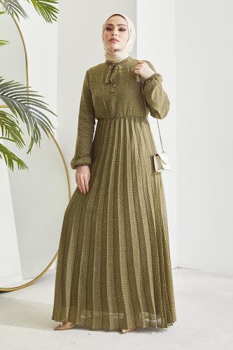 InStyle Ramona Crispy Pattern Pleated Chiffon Hijab Dress - Khaki