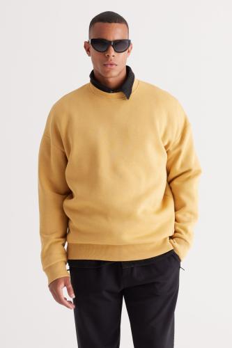 AC&Co / Altınyıldız Classics Men's Mustard Oversize Fit Wide Cut Cotton Fleece Inner 3 Thread Crew Neck Sweatshirt