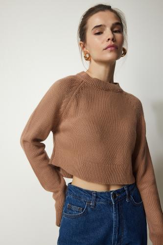 Happiness İstanbul Women's Biscuit Crew Neck Crop Knitwear Sweater