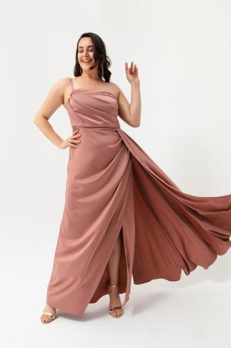Lafaba Women's Salmon One-Shoulder Plus Size Satin Evening Dress & Prom Dress