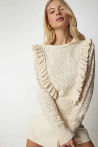 Happiness İstanbul Women's Cream Openwork Frill Detailed Knitwear Sweater