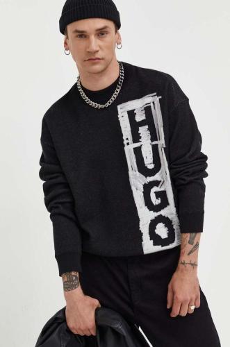 Πουλόβερ με προσθήκη μαλλιού HUGO ανδρικά, χρώμα: μαύρο