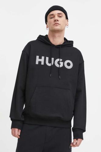 Βαμβακερή μπλούζα HUGO χρώμα: μαύρο, με κουκούλα