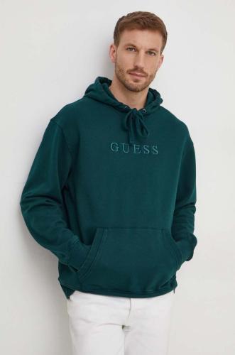Βαμβακερή μπλούζα Guess χρώμα: πράσινο, με κουκούλα