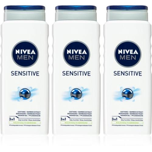 Nivea Men Sensitive τζελ για ντους για άντρες 3 x 500 ml (επωφελής συσκευασία)