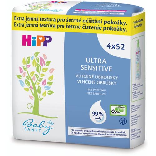 Hipp Babysanft Ultra Sensitive υγρά μαντηλάκια καθαρισμού για παιδιά χωρίς άρωμα 4x52 τμχ