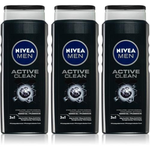 Nivea Men Active Clean τζελ για ντους για άντρες 3 x 500 ml (επωφελής συσκευασία)