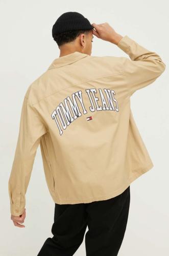 Βαμβακερό πουκάμισο Tommy Jeans ανδρικό, χρώμα: μπεζ