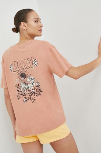 Βαμβακερό μπλουζάκι Roxy χρώμα: καφέ