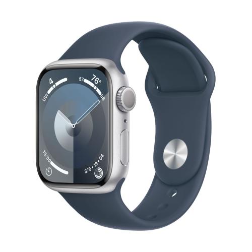 Apple Watch Series 9 GPS 41mm Silver Aluminium Case with Storm Blue Sport Band S/M