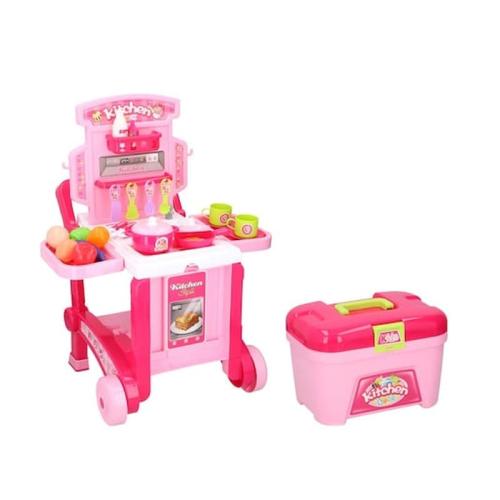 Eddy Toys Παιδική Κουζίνα Καρότσι Με Βαλιτσάκι 3 Σε 1 Σε Ροζ Χρώμα, 41x46.5x58.5 Cm