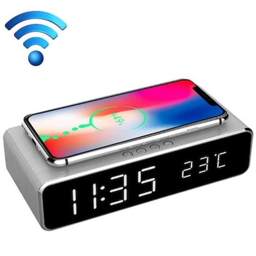 Digital Alarm Clock With Wireless Charging Function Silver