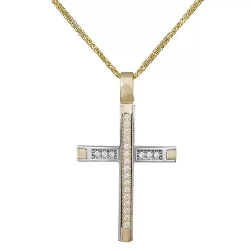 Βαπτιστικοί Σταυροί με Αλυσίδα Δίχρωμος σταυρός αρραβώνα Κ14 με αλυσίδα και ζιργκόν 035296C 035296C Γυναικείο Χρυσός 14 Καράτια