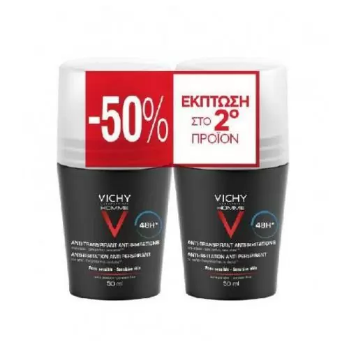VICHY Promo Anti-Transpirant 48h Roll On Ανδρικό Αποσμητικό για Ευαίσθητες Επιδερμίδες -50% Έκπτωση στο 2ο προϊόν 2x50ml
